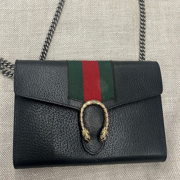 Gucci Calfskin Web Mini Dionysus Chain Wallet Black - Picture 1 of 7